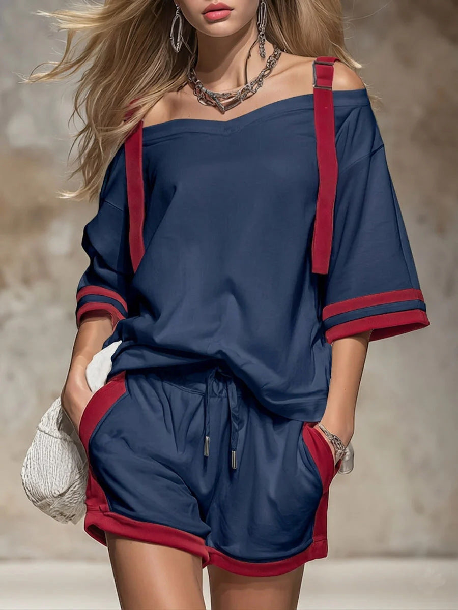 Women's Summer Contrast Color-Block Patchwork Shorts Set – 2-Piece Navy Blue