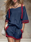 Women's Summer Contrast Color-Block Patchwork Shorts Set – 2-Piece Navy Blue