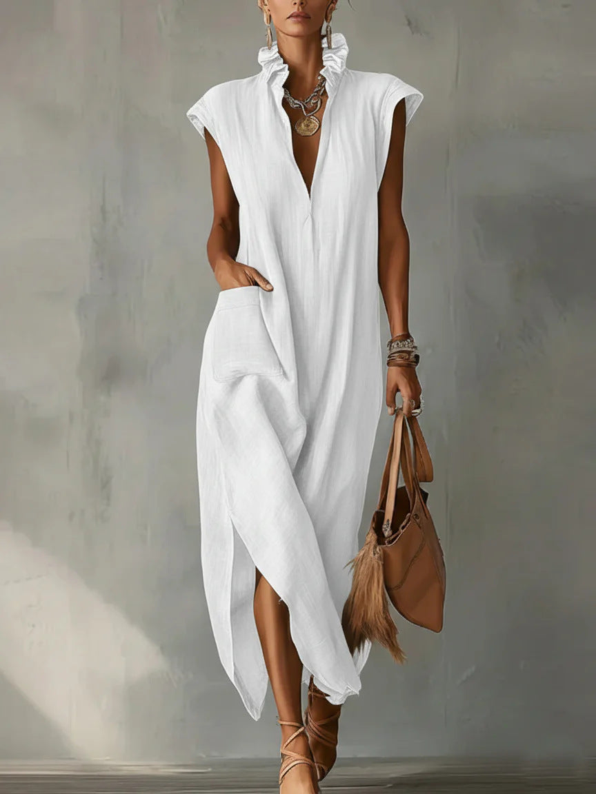 Women’s Cotton-Linen Sleeveless Solid-Color Shirt Dress White