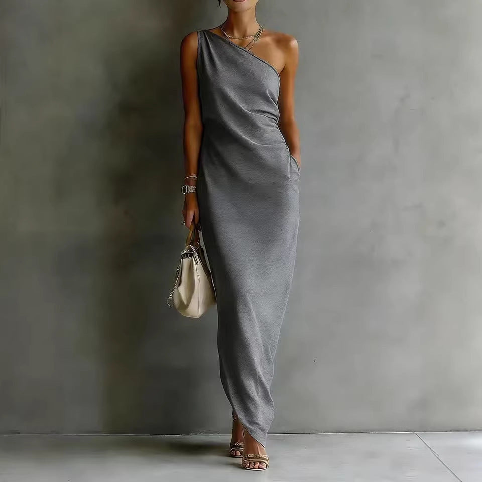 Women's Satin Off-Shoulder Slim-Fit Maxi Dress Gray