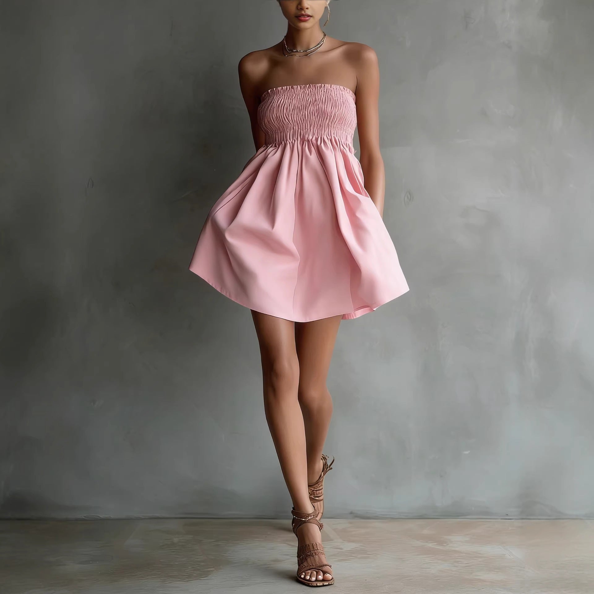 Women's Strapless Tube Mini Dress – Solid Color Elastic Waist Pink