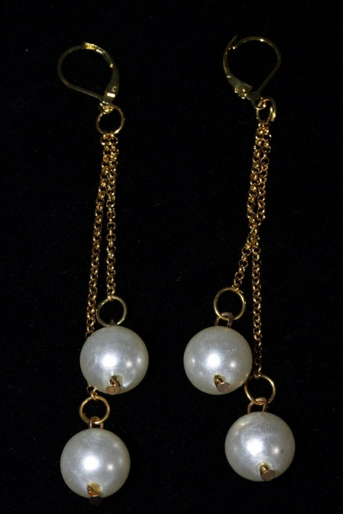 Faux Pearl Dangle Earrings Long Silver Chain Bridal Gold