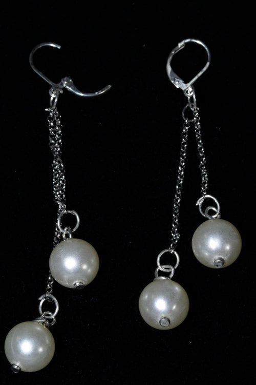 Faux Pearl Dangle Earrings Long Silver Chain Bridal Silver