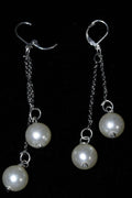 Faux Pearl Dangle Earrings Long Silver Chain Bridal Silver