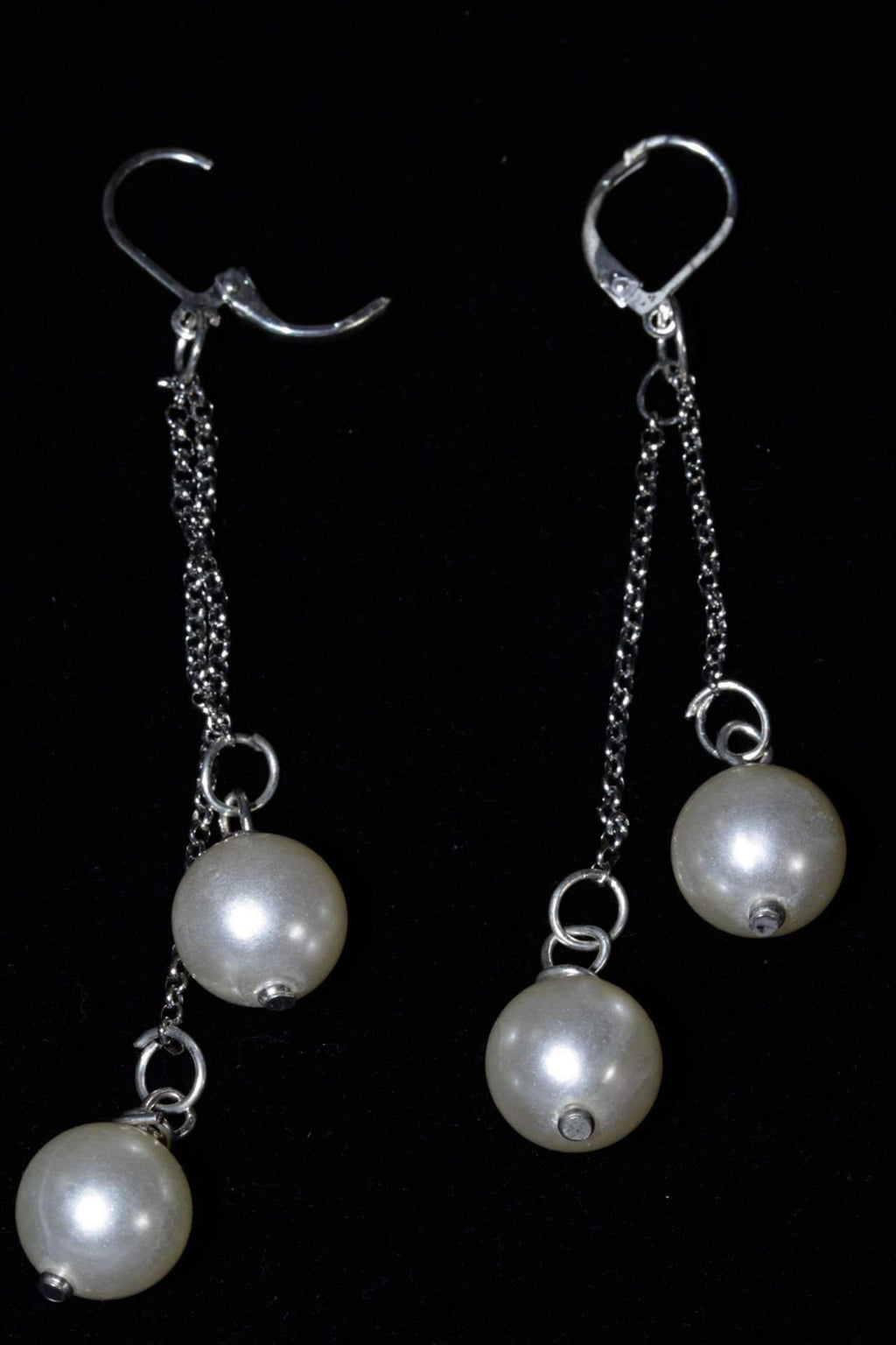Faux Pearl Dangle Earrings Long Silver Chain Bridal