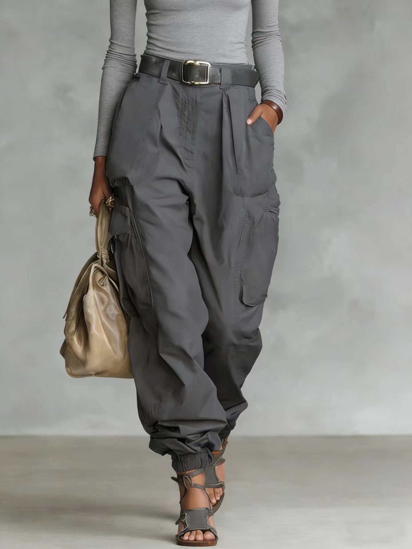 Women’s High-Waist Loose Fit Wide-Leg Casual Trousers Gray