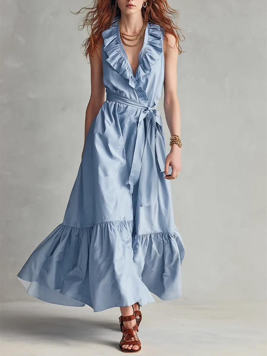 Women's V-Neck Sleeveless Lace-Up Panelled Maxi Dress – Wide Flare Sky Blue