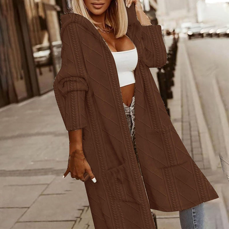 Women's Textured Hooded Longline Jacket Dark Brown