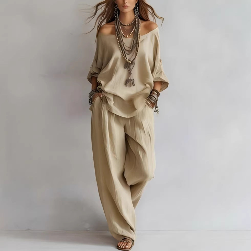 Chiffon Puff-Sleeve Top & Wide-Leg Pants Set – 15 Colors Khaki