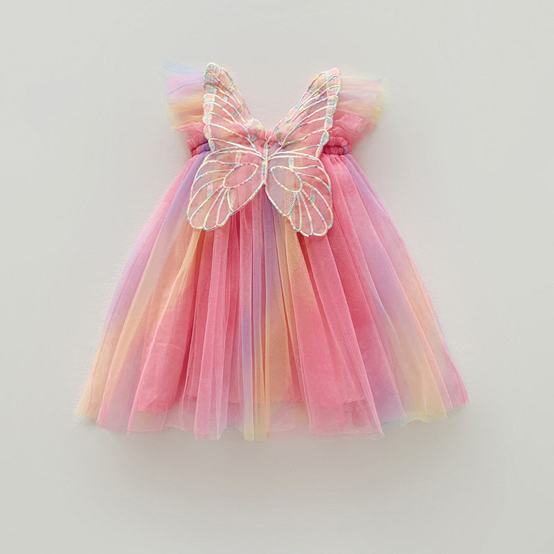 Rainbow Wings Mesh Girl Dress Colorful Rainbow