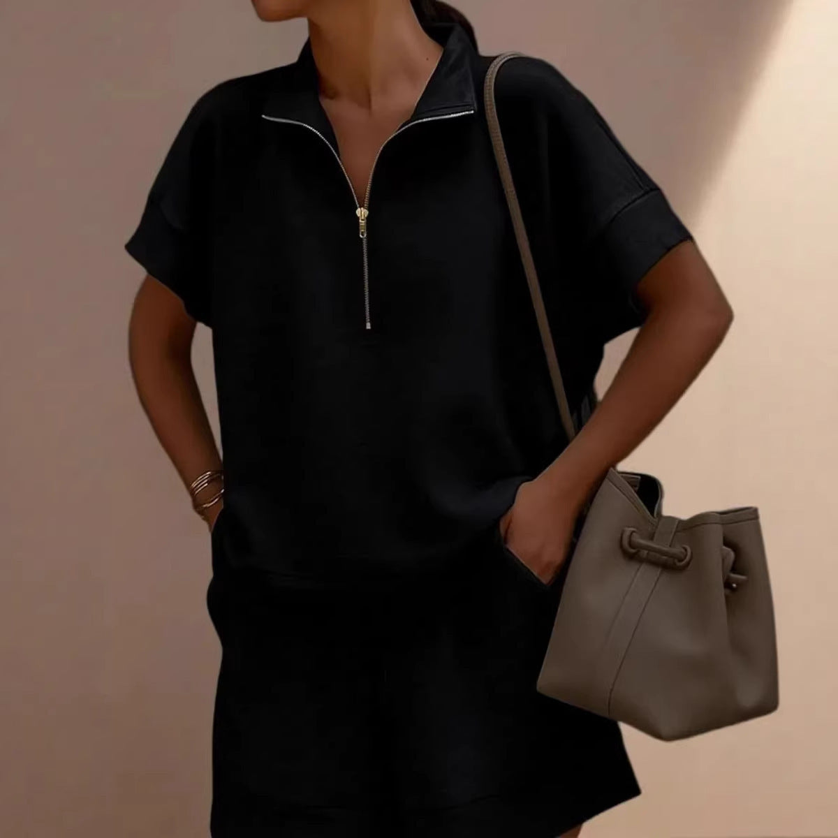 Women's Solid Color Sweatshirt Set – Casual 2-Piece Short Top & Pants Black