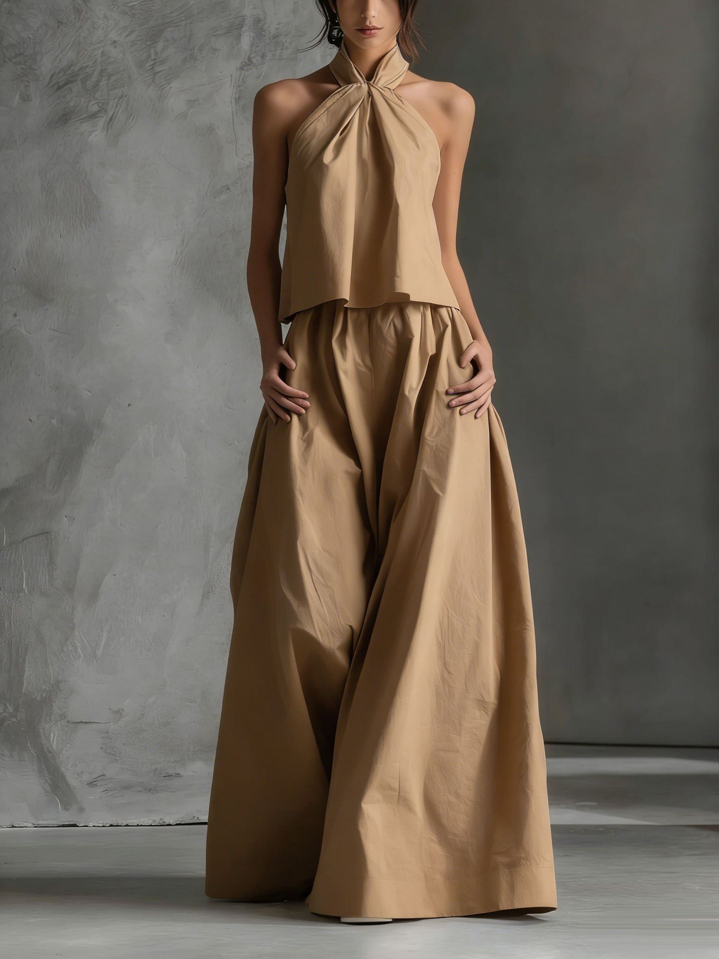 Loose-Fitting Sleeveless Top and Wide-Leg Pants Two-Piece Set. Khaki