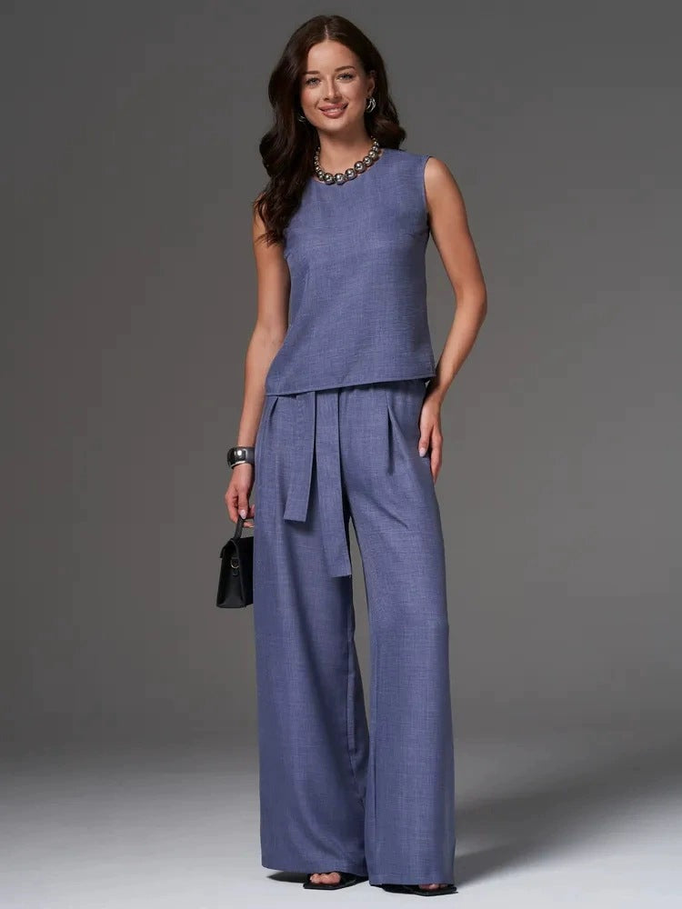 Sleeveless Cotton-Linen Wide-Leg Pants Set – 4 Colors, S–2XL Blue