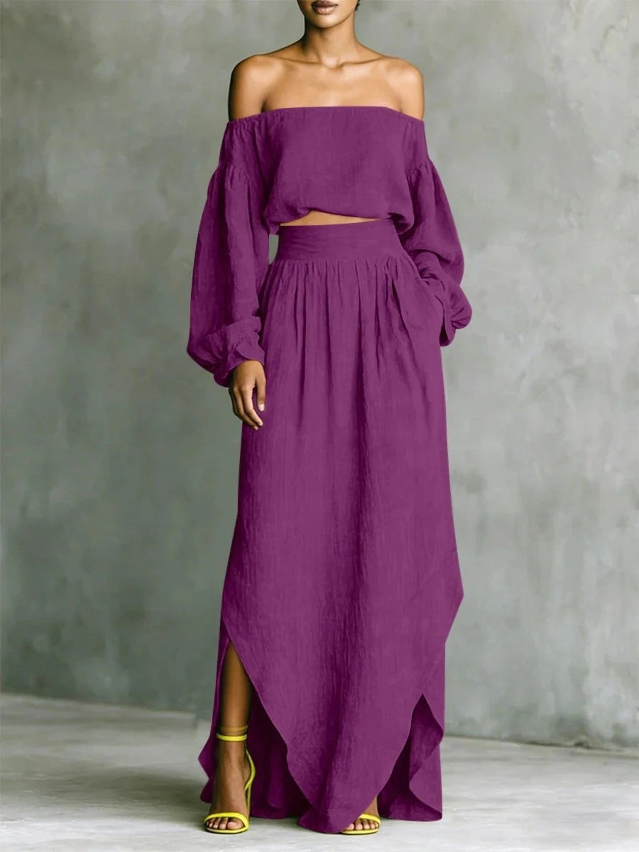Off-Shoulder Top & Asymmetrical Maxi Skirt Set – Women's 2-Piece Outfit Purple