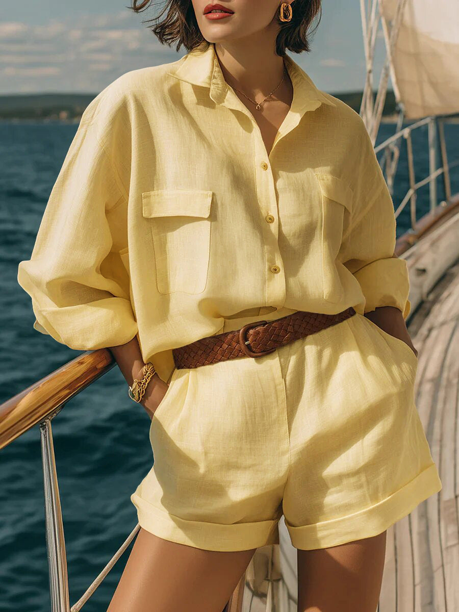 Cotton-Linen Loose-Fit Button-Down Shirt and Shorts Casual Set Light Yellow (No Belt)