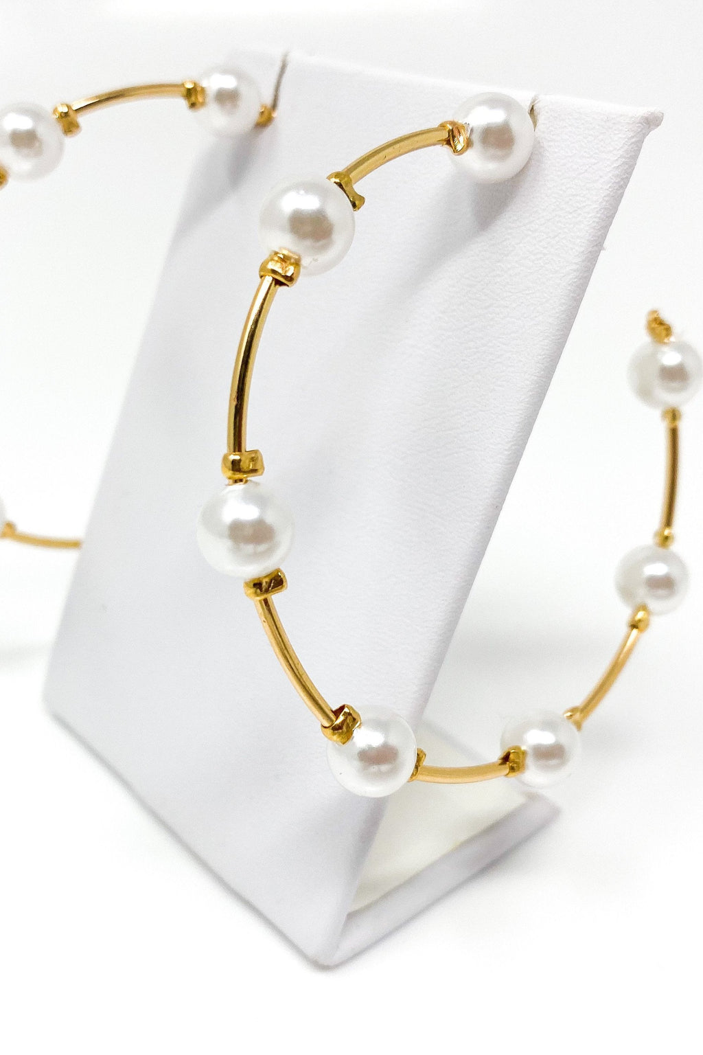 Gold Pearl Hoop Earrings Elegant Classic Lightweight