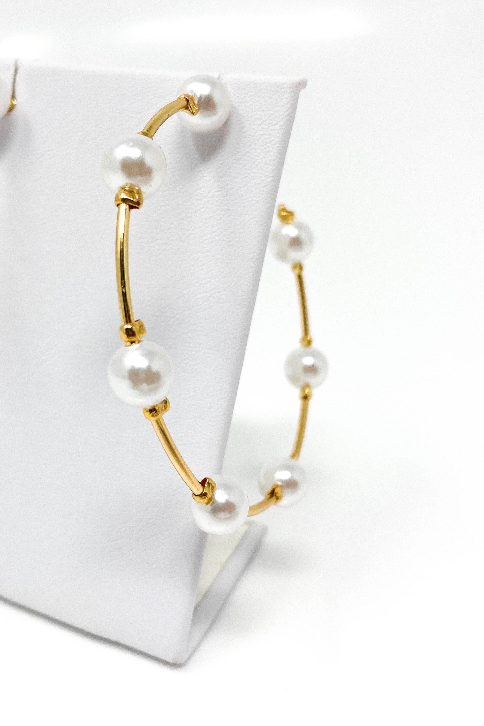 Gold Pearl Hoop Earrings Elegant Classic Lightweight