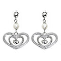 Heart Dangle Pearl Earrings Silver Tone Crystal Accents