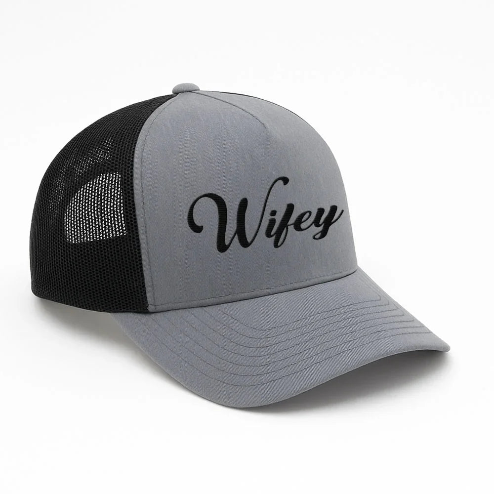 Embroidered Wifey Trucker Hat – Classic Mesh Cap for Wedding or Anniversary Heather - Black