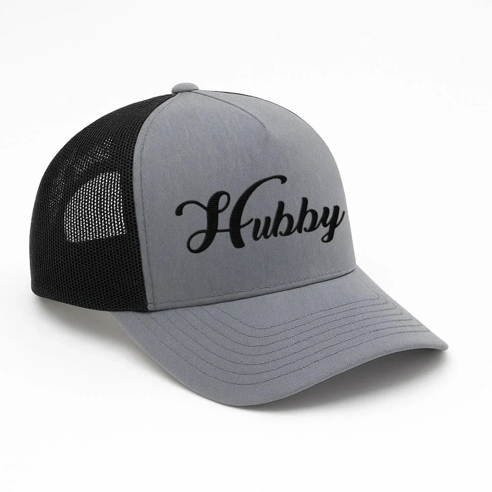 Embroidered Hubby Trucker Hat – Classic Mesh Cap for Wedding or Anniversary Heather - Black