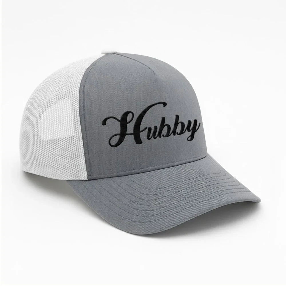 Embroidered Hubby Trucker Hat – Classic Mesh Cap for Wedding or Anniversary Heather - White