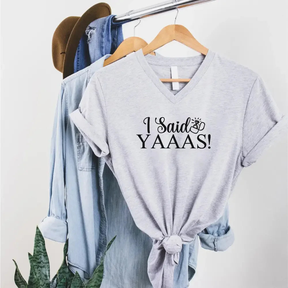💍 I Said YAAAS Bachelorette Crew Party 🍾 Matching V-Neck T-Shirts Bride Sport Grey