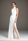 Elegant Haltered Hallowed Back Satin wedding dress thigh Split mini wedding dress Off-white