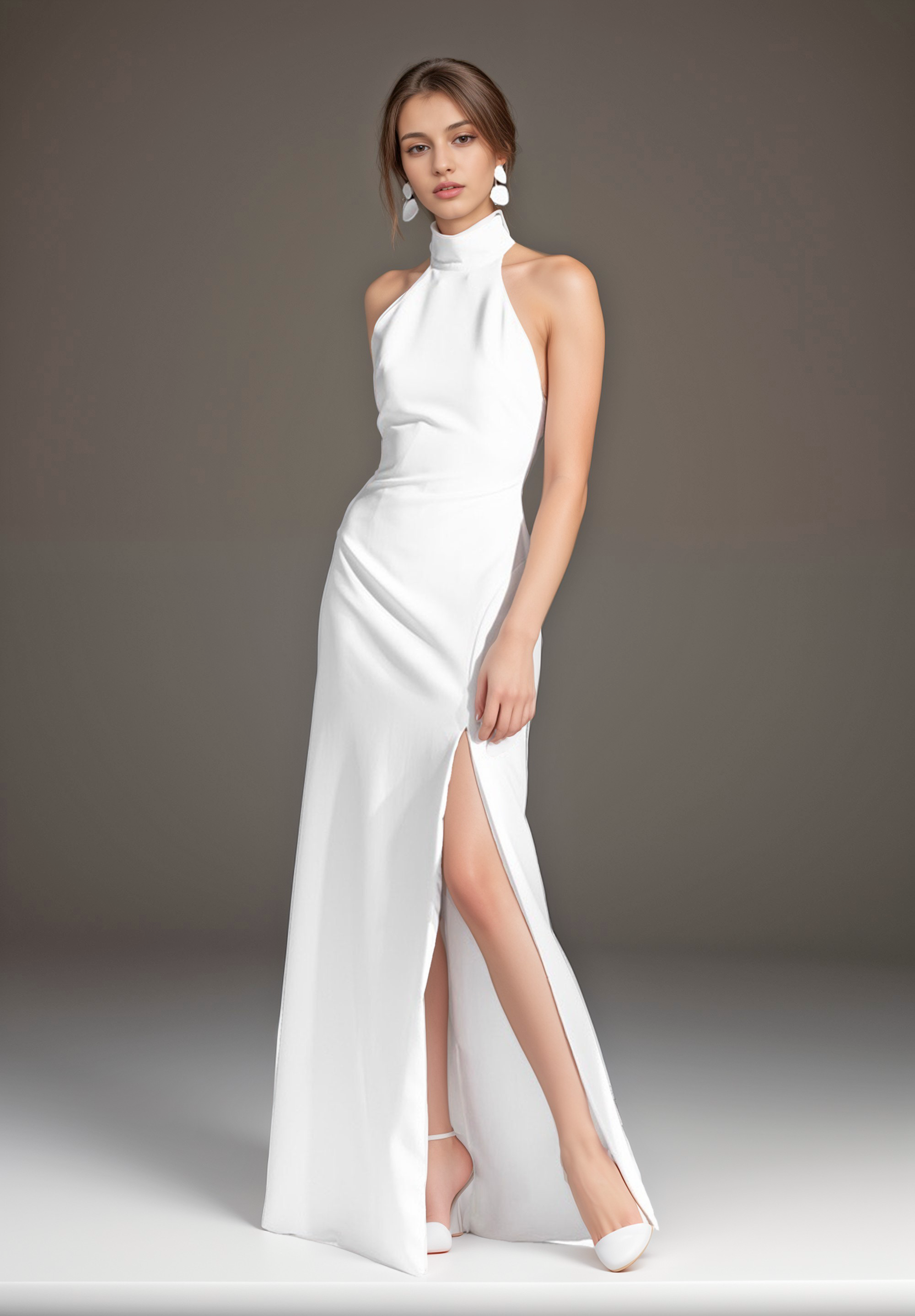 Elegant Haltered Hallowed Back Satin wedding dress thigh Split mini wedding dress Off-white