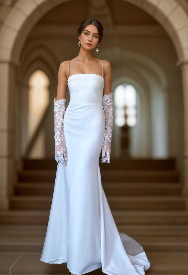 Greece Goddess Spaghetti-straps Stretchy Satin wedding dress small train little white dress Off-white