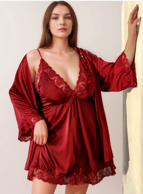 Seductive Blue & Black Lace Silky Lingerie Set - Sizes S to 5XL Wine
