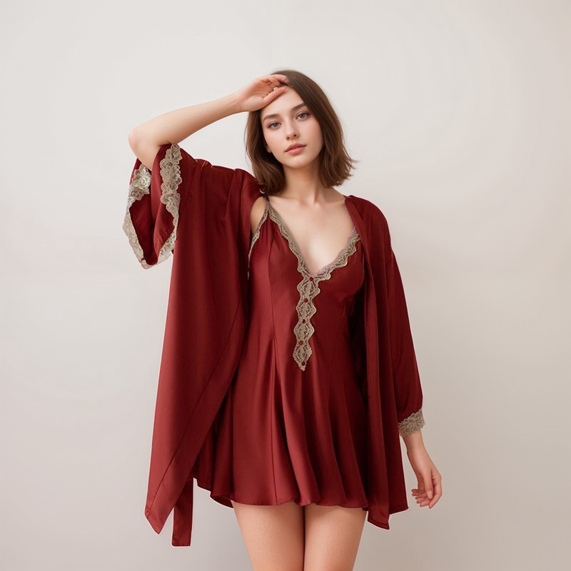 Lace Hem Silky Bridal Lingerie Set - 5 Colors, Sizes S to 5XL Wine
