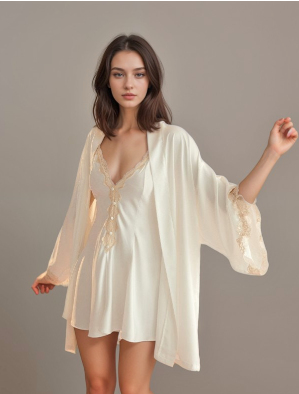 Lace Hem Silky Bridal Lingerie Set - 5 Colors, Sizes S to 5XL Ivory