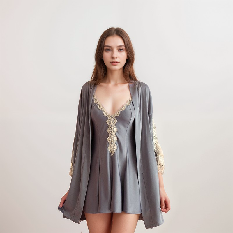 Lace Hem Silky Bridal Lingerie Set - 5 Colors, Sizes S to 5XL Dusty Blue