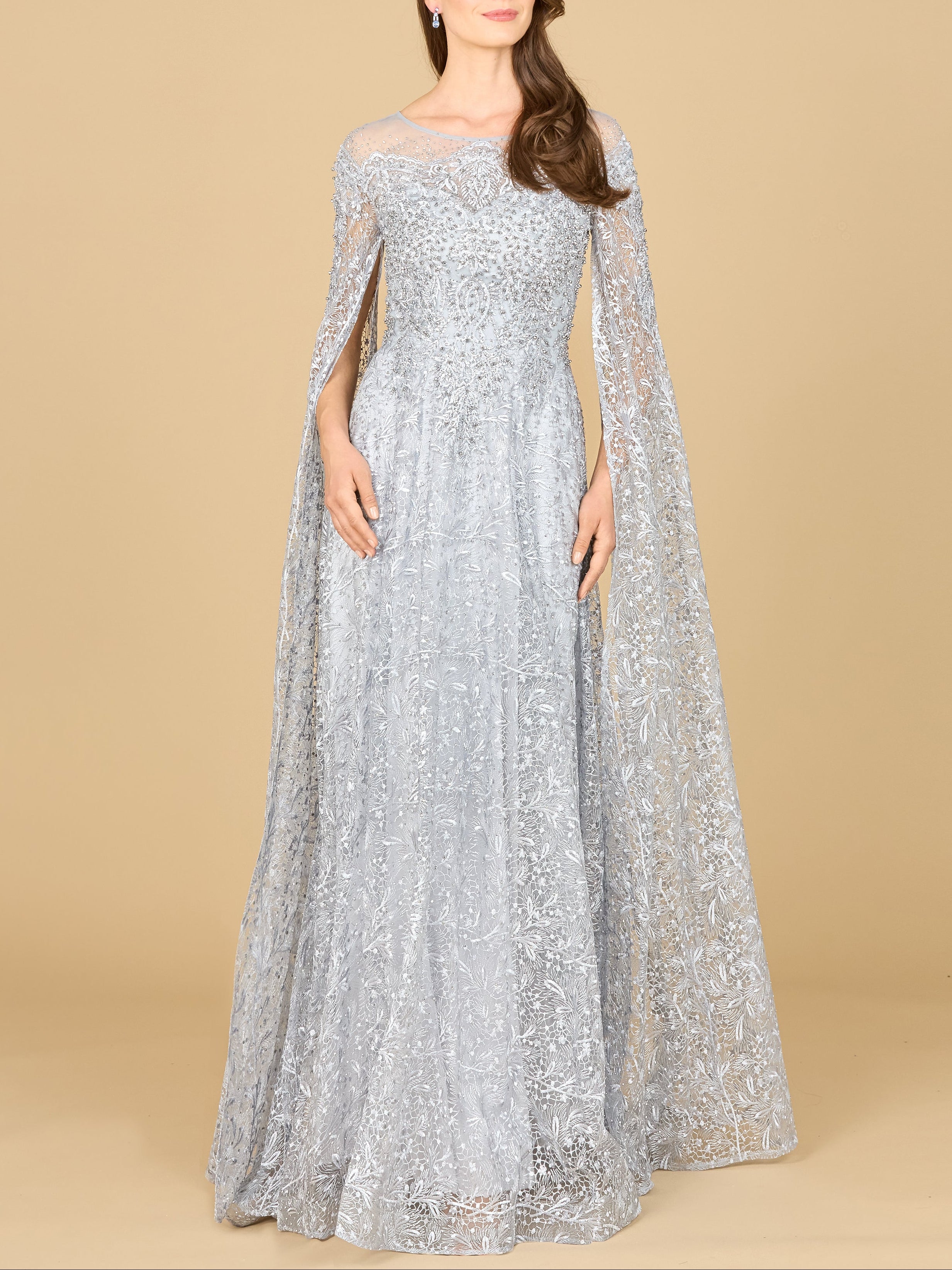 Lace Gown with Dramatic Cape Sleeves | Lara 29454 Slate