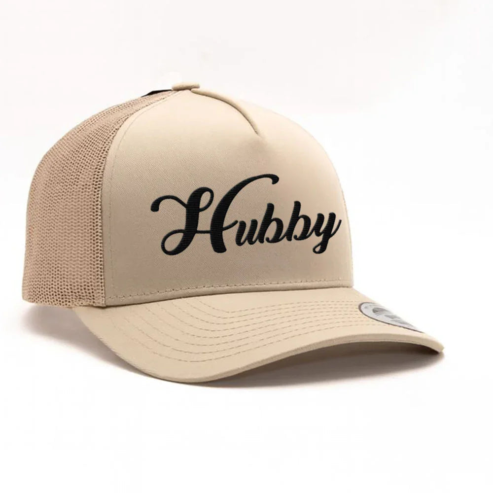 Embroidered Hubby Trucker Hat – Classic Mesh Cap for Wedding or Anniversary Khaki