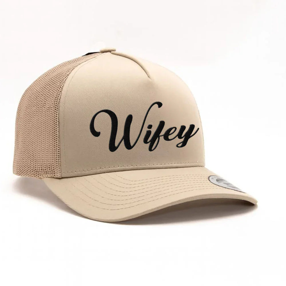 Embroidered Wifey Trucker Hat – Classic Mesh Cap for Wedding or Anniversary Khaki
