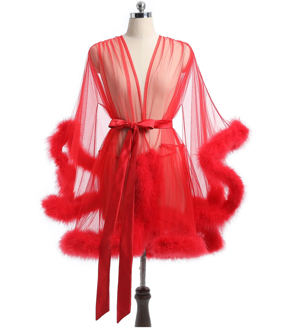 Luxurious Sheer Bridal Robe with Feathered Hem and Satin Tie Red