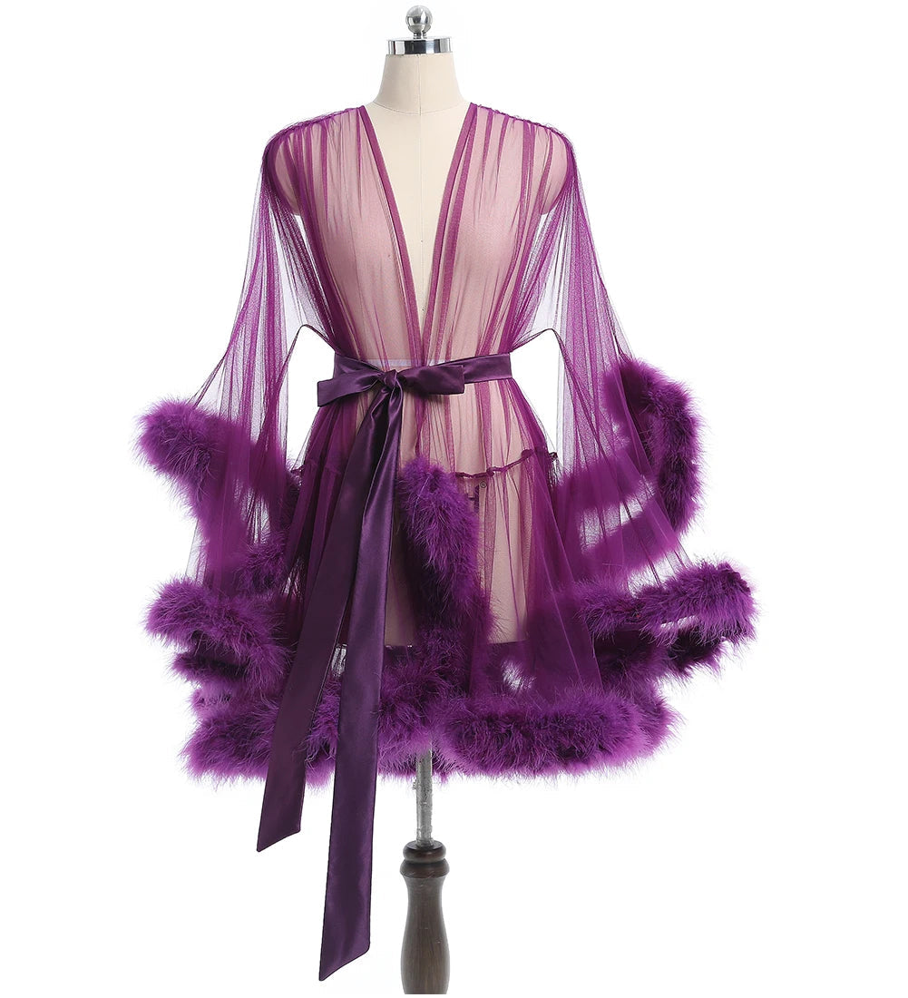 Luxurious Sheer Bridal Robe with Feathered Hem and Satin Tie Dark Wine