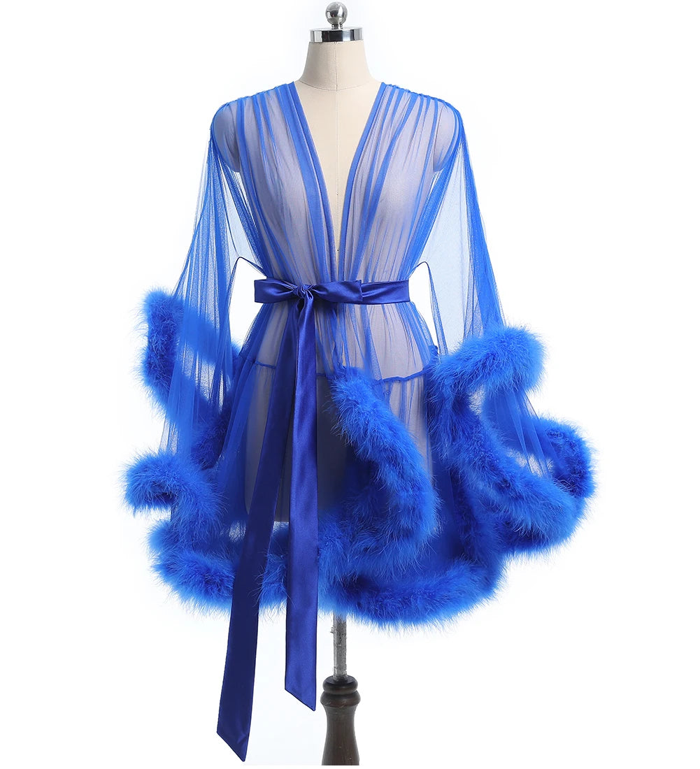 Luxurious Sheer Bridal Robe with Feathered Hem and Satin Tie Royal Blue