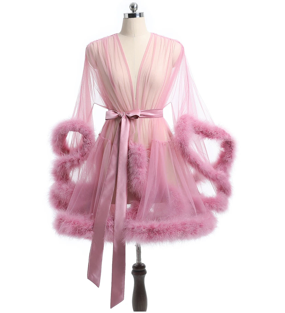 Luxurious Sheer Bridal Robe with Feathered Hem and Satin Tie Dusty Pink