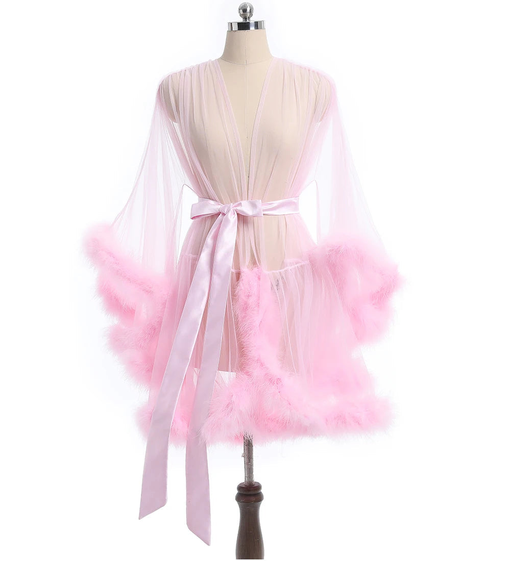 Luxurious Sheer Bridal Robe with Feathered Hem and Satin Tie Light Pink