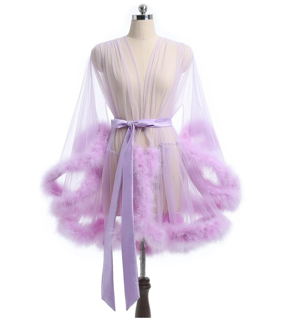 Luxurious Sheer Bridal Robe with Feathered Hem and Satin Tie Light Purple