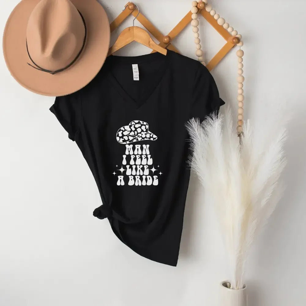 🍾 Man I Feel Like a Bride Bachelorette Party Matching V-Neck T-Shirts 💍 Man I Feel Like A Bride Black