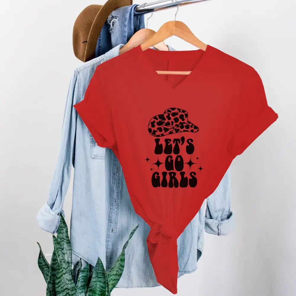 🍾 Man I Feel Like a Bride Bachelorette Party Matching V-Neck T-Shirts 💍 Let's Go Girl Red