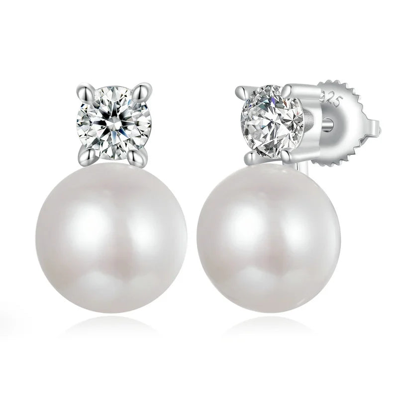 Moissanite 925 Sterling Silver Freshwater Pearl Stud Earrings VVS1 Lab Diamond 0.5ct each