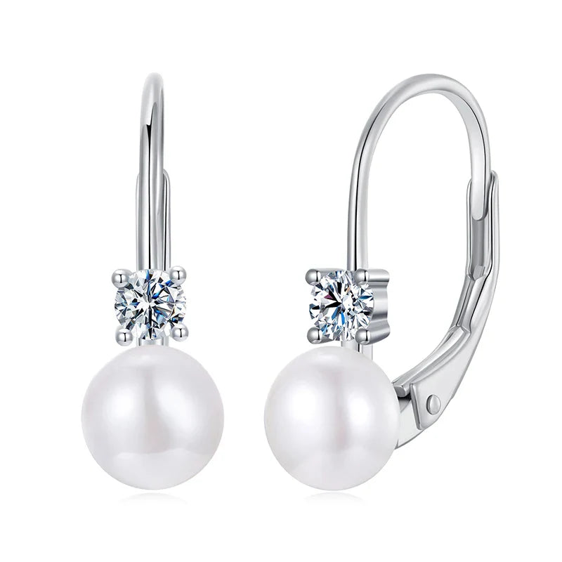 Moissanite Freshwater Pearl Drop Earrings 925 Sterling Silver Round Cut Dangle silver