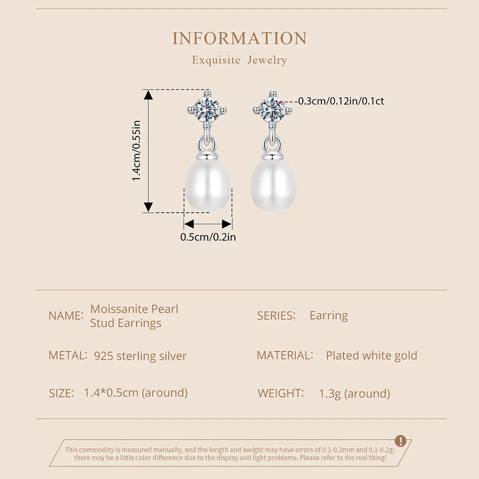 Moissanite Pearl Drop Earrings 925 Sterling Silver 0.1ct Each