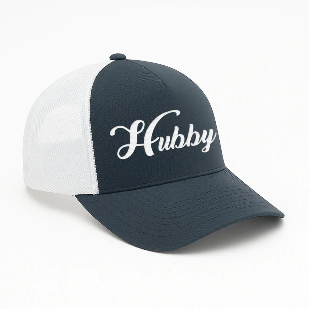 Embroidered Hubby Trucker Hat – Classic Mesh Cap for Wedding or Anniversary Navy - White