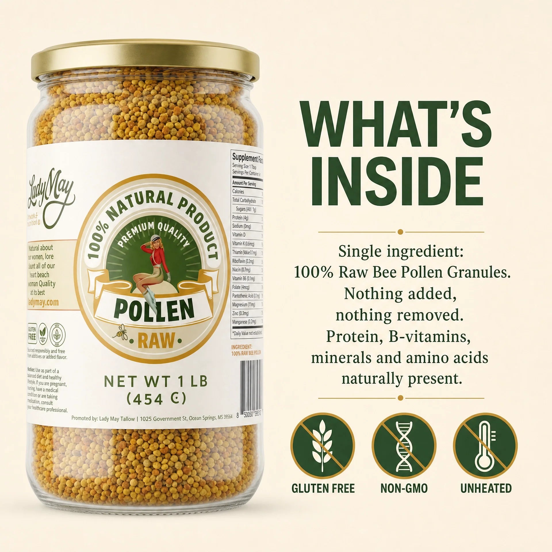 Honeymakers Raw Bee Pollen Granules by The Lady May – 100% Pure, Unheated – Non-GMO, Gluten-Free, Rich in Protein & Antioxidants (24 oz)