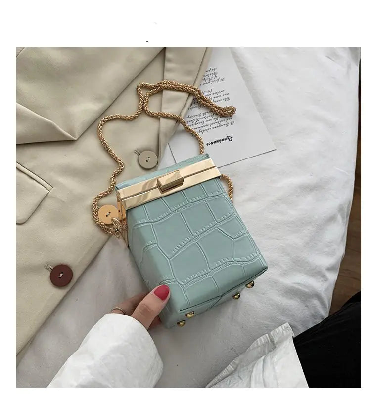 Small Retro Stone Pattern Square Bag for Women blue